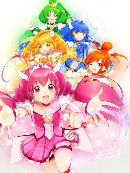 Anime picture 900x1200 with precure smile precure! toei animation aoki reika kise yayoi midorikawa nao hoshizora miyuki hino akane (smile precure!) cure beauty cure peace cure happy cure march cure sunny momoshiki tsubaki long hair tall image short hair open mouth blue eyes blonde hair