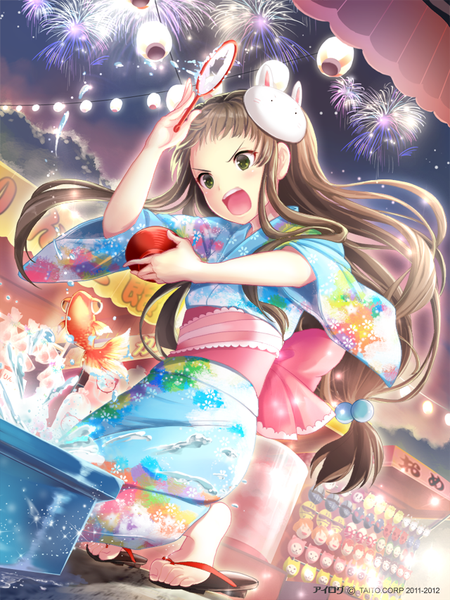 Anime picture 640x853 with ilog amakusa rin occhan single long hair tall image fringe open mouth brown hair sitting holding green eyes looking away bent knee (knees) long sleeves traditional clothes japanese clothes night wide sleeves sparkle