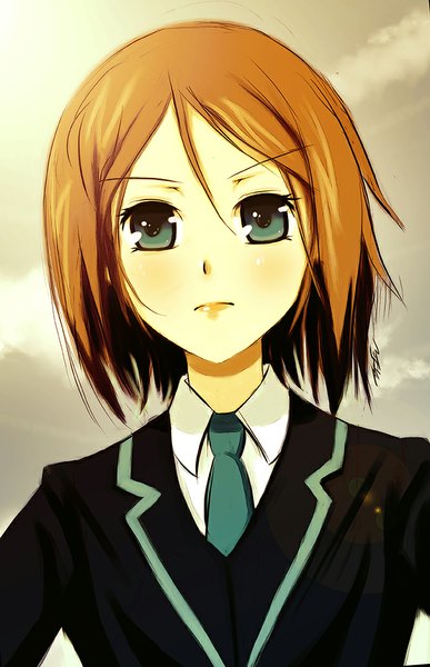 Anime picture 668x1036 with original rafaarsen single tall image blush short hair green eyes orange hair girl uniform school uniform shirt necktie white shirt