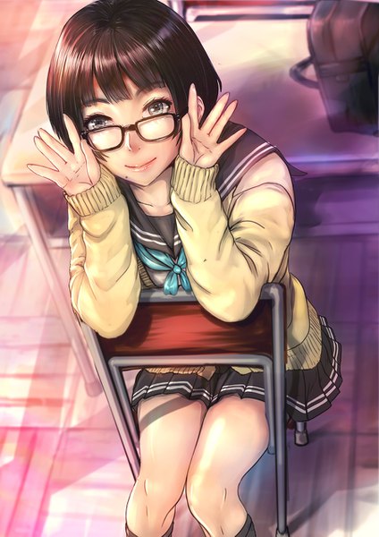 Anime picture 900x1273 with original konekoneko (indonesia) single tall image looking at viewer fringe short hair black hair sitting indoors long sleeves pleated skirt light smile from above mole grey eyes mole under mouth classroom adjusting glasses girl