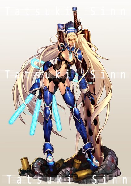Anime picture 1060x1500 with sayo tanku single tall image light erotic simple background blonde hair twintails brown eyes very long hair inscription mechanical parts girl underwear panties weapon sword glasses huge weapon huge sword