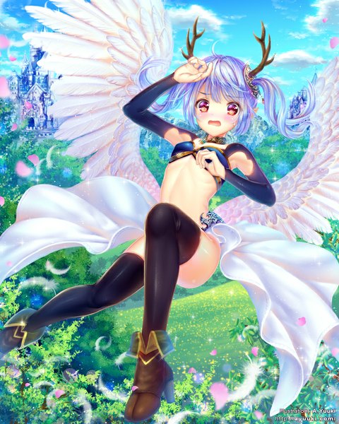 Anime picture 672x840 with original a.yuuki (au7) single long hair tall image blush open mouth light erotic red eyes twintails sky purple hair cloud (clouds) horn (horns) high heels angel wings girl thighhighs hair ornament black thighhighs