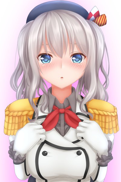 Anime picture 600x900 with kantai collection kashima training cruiser tapisuke single long hair tall image looking at viewer blush blue eyes silver hair parted lips girl gloves white gloves epaulettes