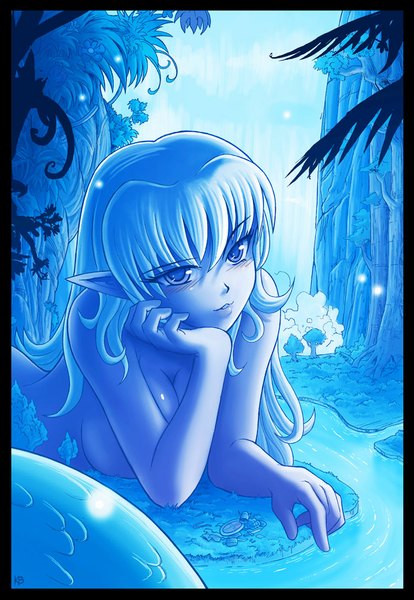 Anime picture 691x1000 with felarya vivian (karbo) karbo single long hair tall image blush breasts blue eyes light erotic large breasts blue hair nude pointy ears girl