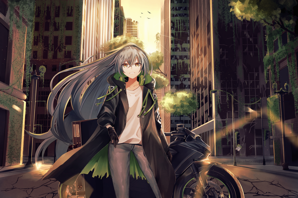 Anime picture 2160x1440 with girls frontline aek-999 (girls frontline) aircell single long hair looking at viewer fringe highres smile hair between eyes standing yellow eyes sky ponytail wind grey hair sunlight open clothes grin city