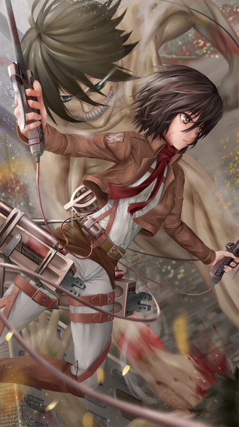 Anime picture 1220x2168 with shingeki no kyojin production i.g mikasa ackerman eren yaeger rogue titan aki99 tall image short hair blue eyes black hair red eyes holding nude dual wielding battle girl boy weapon sword jacket