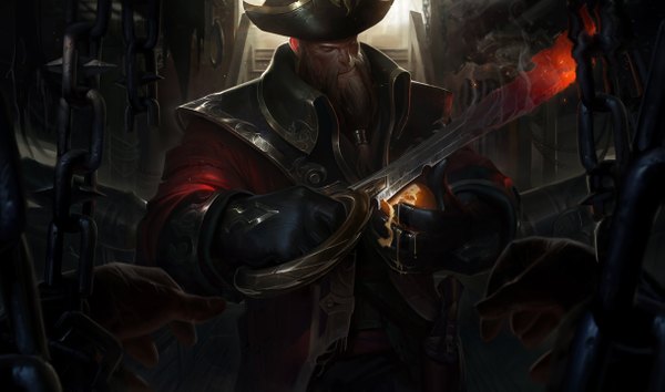Аниме картинка 1215x717 с league of legends gangplank (league of legends) один (одна) смотрит на зрителя широкое изображение стоя официальный арт серые глаза пират мужчина оружие шляпа меч одежда борода пиратская шляпа