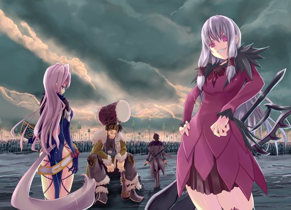 Anime picture 1280x927 with tales of (series) preza agria skoubou (artist) black hair multiple girls animal ears sky cloud (clouds) pink eyes from behind grey eyes grin group army girl boy weapon 2 girls