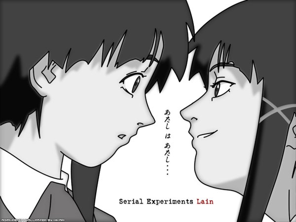 Anime picture 1280x960 with serial experiments lain iwakura lain short hair open mouth smile white background signed inscription monochrome face to face eye contact dual persona screencap redraw girl hair ornament x hair ornament