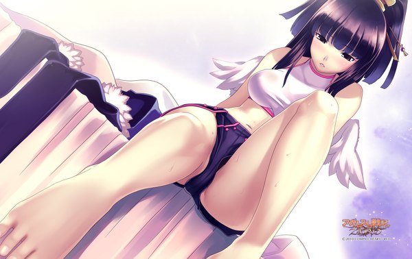 Anime picture 1900x1200 with agarest senki long hair highres light erotic black hair black eyes girl wings shorts bed