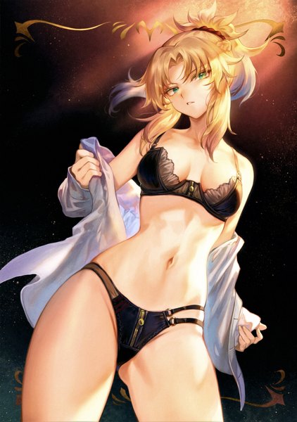 Anime picture 4910x6987 with fate (series) fate/grand order mordred (fate) mashuu (neko no oyashiro) single tall image looking at viewer fringe highres short hair breasts light erotic simple background blonde hair standing bare shoulders payot absurdres ponytail parted lips