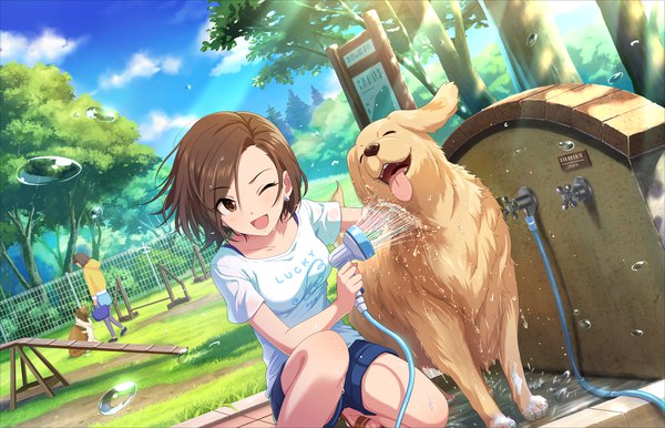 Anime picture 1280x824 with idolmaster idolmaster cinderella girls idolmaster cinderella girls starlight stage mizuki seira short hair open mouth brown hair brown eyes sky cloud (clouds) outdoors one eye closed solo focus squat girl plant (plants) animal tree (trees) water shorts
