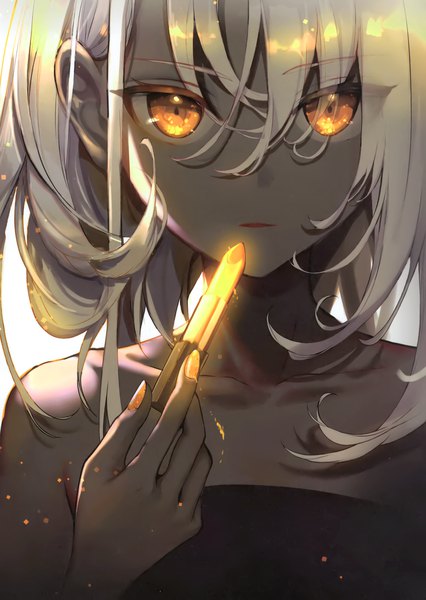 Anime picture 2085x2937 with original kouyafu single long hair tall image looking at viewer fringe highres open mouth simple background hair between eyes bare shoulders holding silver hair upper body nail polish fingernails scan orange eyes dark skin