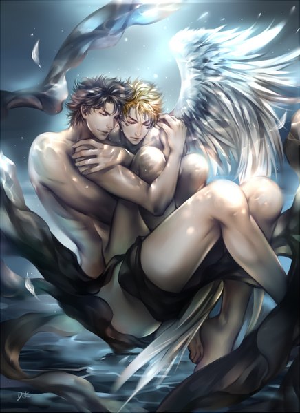 Anime picture 1000x1375 with jojo no kimyou na bouken joseph joestar (young) caesar anthonio zeppeli dk (pixiv) tall image short hair light erotic black hair blonde hair signed eyes closed multiple boys holding hands white wings shounen ai face paint hug from behind single wing boy wings