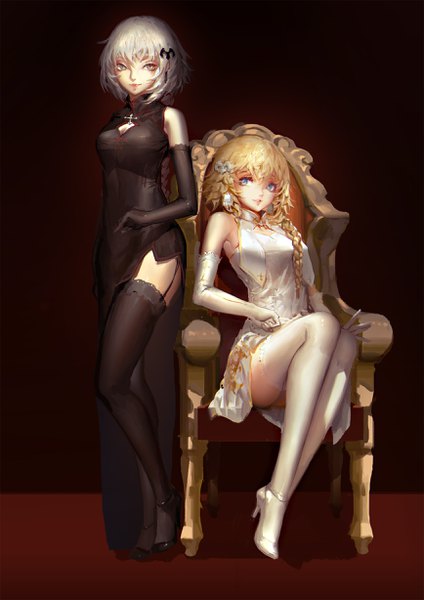 Anime-Bild 1736x2456 mit fate (series) fate/grand order jeanne d'arc (fate) (all) jeanne d'arc alter (fate) jeanne d'arc (fate) blackrabbitsoul long hair tall image looking at viewer fringe highres short hair breasts blue eyes blonde hair smile hair between eyes sitting multiple girls cleavage
