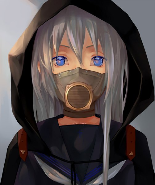 Anime picture 1000x1195 with original ten-raru single long hair tall image looking at viewer blue eyes white hair girl uniform serafuku hood hoodie respirator