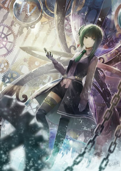 Anime picture 620x877 with original angel31424 single tall image fringe short hair breasts standing holding green eyes looking away bent knee (knees) green hair expressionless glow mechanical parts girl gloves shirt necktie
