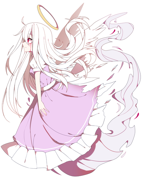 Anime picture 1897x2461 with touhou zombie fairy gla single long hair tall image highres simple background red eyes white background looking away ahoge white hair profile pale skin ghost blood on face girl dress wings