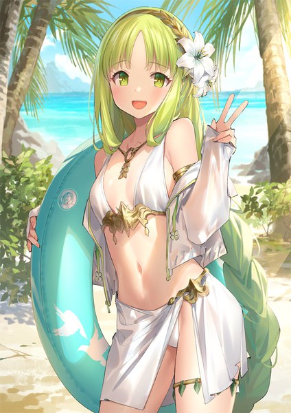 Anime picture 672x950 with afk arena flora (afk arena) popqn single tall image looking at viewer blush fringe breasts open mouth light erotic standing holding green eyes payot blunt bangs braid (braids) very long hair :d hair flower