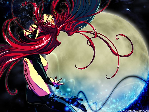 Anime picture 1280x960 with shamanic princess long hair light erotic yellow eyes red hair fingernails tattoo magic arched back girl moon