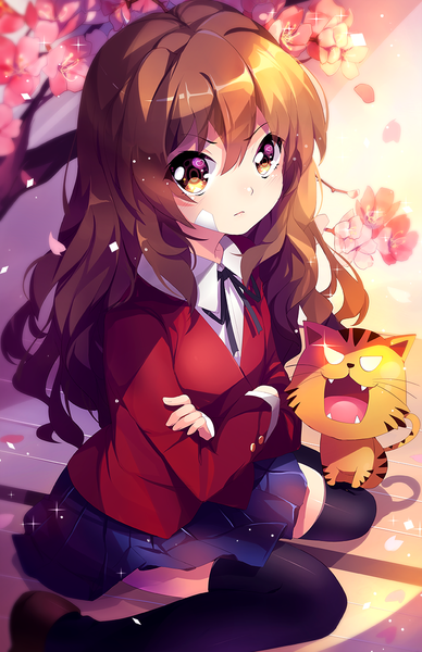 Anime picture 809x1250 with toradora j.c. staff aisaka taiga palmtop tiger squchan single long hair tall image blush fringe hair between eyes brown hair sitting brown eyes from above sparkle cherry blossoms wariza crossed arms girl