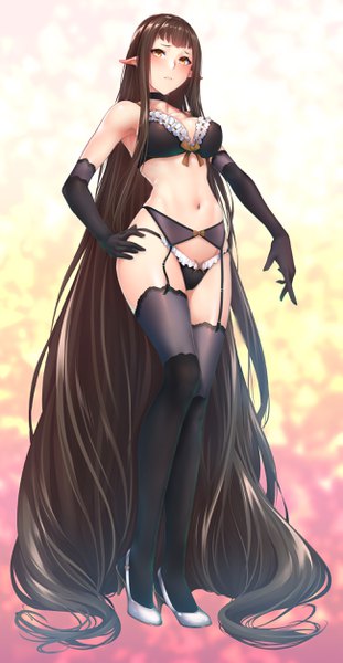 Anime picture 1297x2500 with fate (series) fate/apocrypha semiramis (fate) zucchini single tall image blush fringe breasts light erotic simple background brown hair standing payot looking away full body bent knee (knees) very long hair pointy ears from below