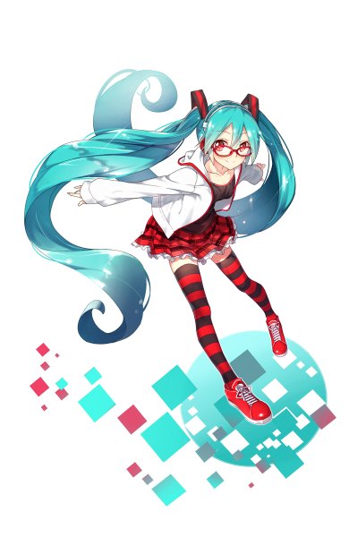 Anime picture 780x1200 with vocaloid kocchi muite baby (vocaloid) hatsune miku lf single tall image looking at viewer fringe simple background smile red eyes twintails very long hair pleated skirt aqua hair open clothes open jacket leaning leaning forward plaid skirt