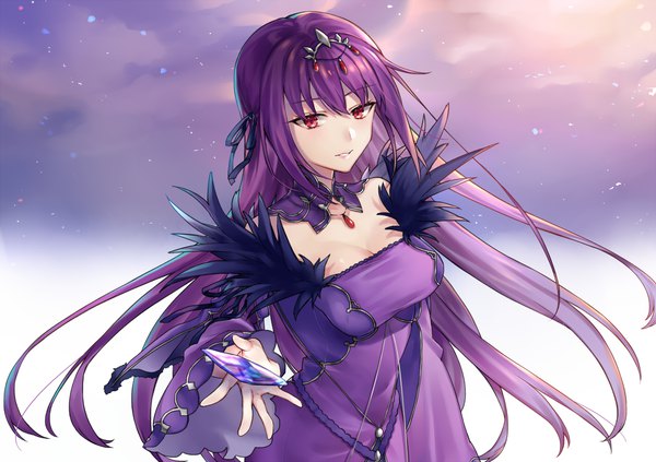 Anime picture 1416x1000 with fate (series) fate/grand order scathach (fate) (all) scathach skadi (fate) shiao single long hair looking at viewer red eyes cleavage purple hair upper body outstretched hand girl dress hair ornament ribbon (ribbons) hair ribbon detached collar crystal