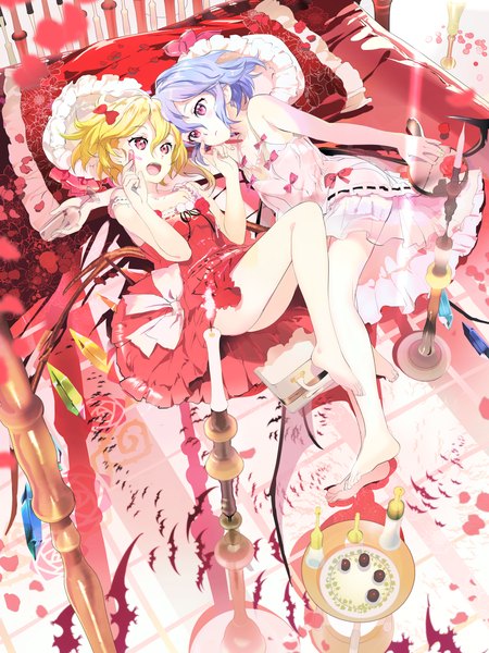 Anime picture 1200x1600 with touhou flandre scarlet remilia scarlet 119 tall image blush short hair open mouth light erotic blonde hair red eyes multiple girls blue hair bent knee (knees) lying barefoot bare legs on back lipstick on side