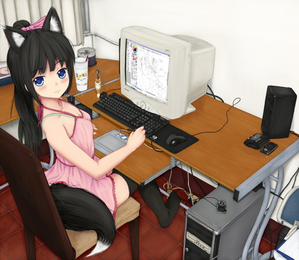 Anime picture 1440x1254 with original wacom tenyoshi (briansept) single looking at viewer blush fringe blue eyes black hair sitting animal ears cleavage ponytail indoors tail animal tail looking back light smile from above no shoes