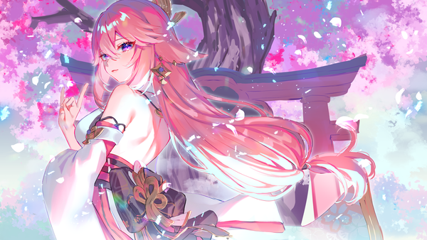 Anime picture 4000x2250 with genshin impact yae miko harushio single long hair fringe highres hair between eyes wide image purple eyes animal ears pink hair absurdres upper body fox ears cherry blossoms low ponytail fox shadow puppet girl plant (plants)