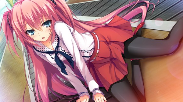 Anime picture 2560x1440 with reminiscence re hasegawa ren tomose shunsaku single long hair blush highres open mouth blue eyes wide image pink hair game cg two side up girl dress pantyhose