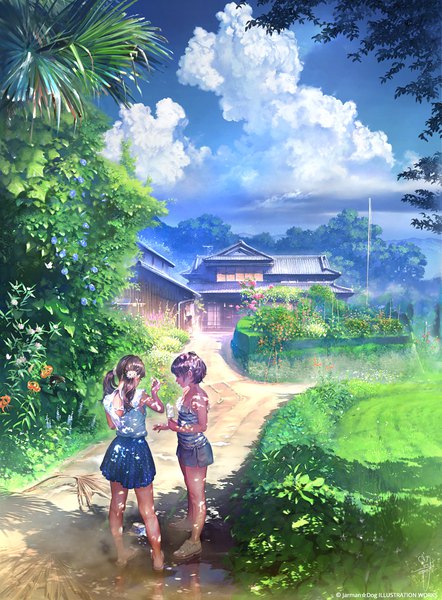 Anime picture 796x1080 with original aalge long hair tall image short hair brown hair standing twintails multiple girls signed sky cloud (clouds) full body outdoors sunlight bare legs shadow sleeveless striped summer