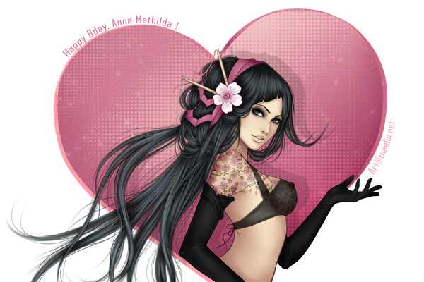 Anime picture 1500x1000 with m-aelis single long hair looking at viewer fringe breasts light erotic black hair hair flower grey eyes tattoo transparent background girl gloves hair ornament flower (flowers) black gloves elbow gloves lingerie bra