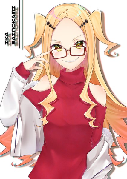 Anime picture 1000x1412 with ryuuou no oshigoto! sainokami ika gyozanuko single long hair tall image looking at viewer blush blonde hair simple background smile white background yellow eyes upper body off shoulder teeth two side up character names drill hair sharp teeth