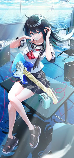 Anime picture 1172x2500 with original dice gt single long hair tall image looking at viewer blush fringe black hair hair between eyes sitting holding sky cloud (clouds) ahoge outdoors nail polish pleated skirt multicolored hair aqua eyes