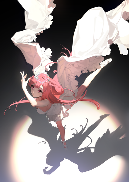 Anime picture 2508x3541 with project luminasys original hatane rona ohisashiburi single long hair tall image fringe highres breasts simple background standing pink hair cleavage full body pink eyes arm up from above shadow light