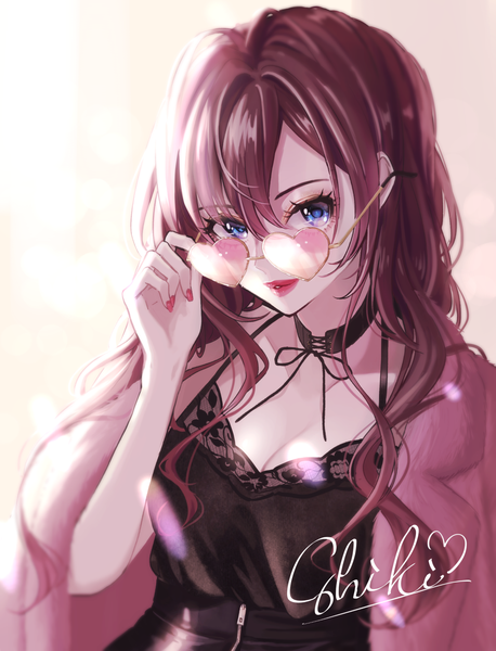 Anime picture 1319x1727 with idolmaster idolmaster cinderella girls ichinose shiki magako single long hair tall image looking at viewer fringe breasts blue eyes simple background hair between eyes brown hair cleavage upper body nail polish parted lips fingernails fur trim