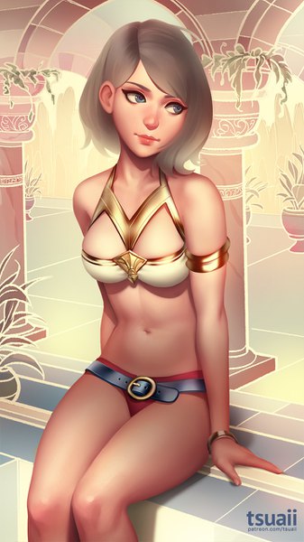 Anime picture 720x1280 with final fantasy xii ashelia b'nargin dalmasca tsuaii single tall image short hair breasts blue eyes light erotic sitting bare shoulders signed looking away grey hair realistic inscription adapted costume girl navel swimsuit