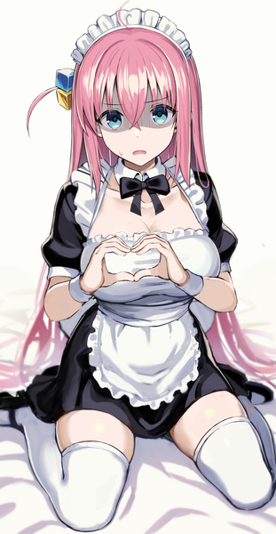 Anime picture 1680x3239 with bocchi the rock! cloverworks gotou hitori greatmosu single long hair tall image looking at viewer fringe blue eyes light erotic hair between eyes sitting pink hair cleavage ahoge maid one side up wariza shaded face