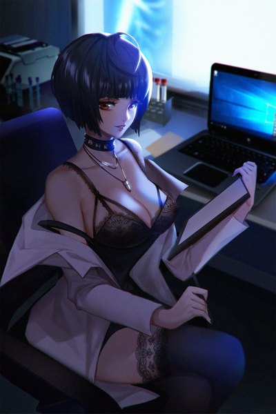 Anime picture 1500x2249 with persona 5 persona windows (operating system) windows 10 takemi tae zenghuimin single tall image looking at viewer fringe short hair breasts light erotic black hair smile red eyes large breasts sitting bare shoulders holding