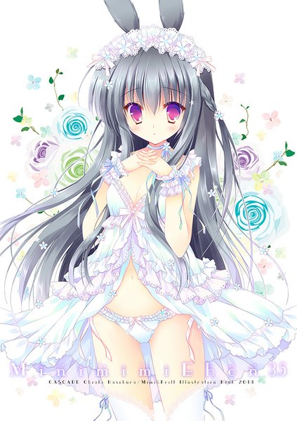 Anime picture 612x868 with original hasekura chiaki single long hair tall image looking at viewer blush fringe light erotic black hair white background purple eyes animal ears bare belly bunny ears embarrassed text bunny girl english girl