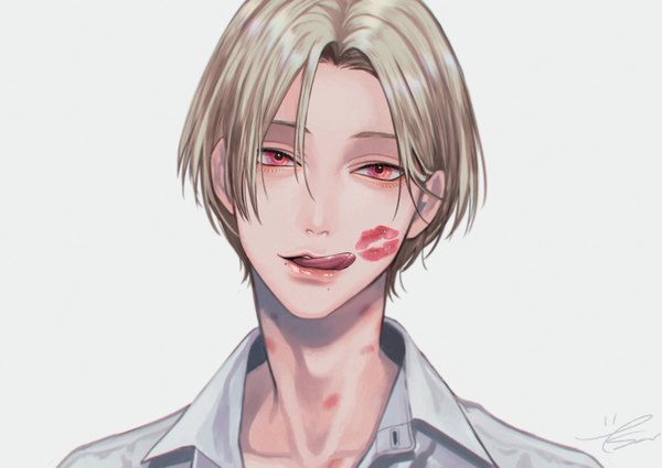 Anime picture 800x567 with original kurayoshi samu (sum) single looking at viewer fringe short hair simple background hair between eyes red eyes white background signed silver hair upper body lips mole portrait mole under mouth :q licking lipstick mark