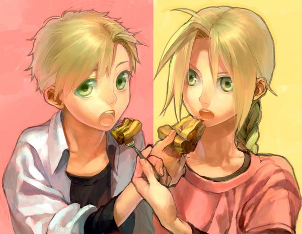 Anime picture 1132x880 with fullmetal alchemist studio bones edward elric alphonse elric noako (artist) long hair short hair open mouth blonde hair simple background green eyes ahoge braid (braids) multiple boys pink background multiview siblings yellow background brothers boy