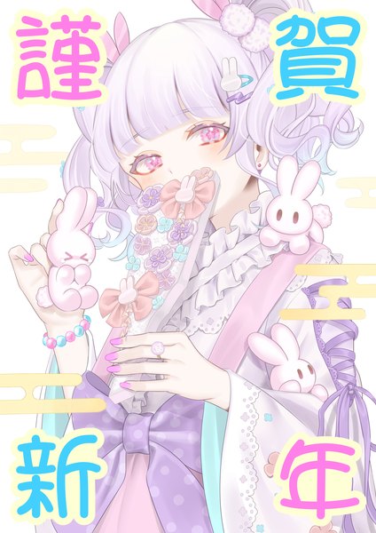 Anime picture 2480x3507 with original azaka (rionrita) single tall image looking at viewer fringe highres short hair twintails silver hair upper body blunt bangs nail polish pink eyes short twintails covered mouth new year pink nail polish nengajou egasumi