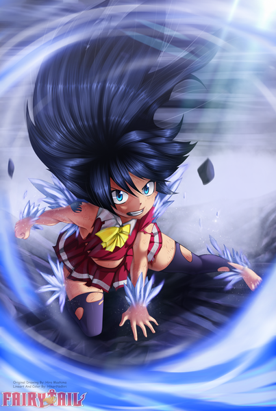 Anime picture 1500x2233 with fairy tail wendy marvell hikarinogiri single long hair tall image blue eyes black hair pleated skirt from above wind inscription loli tattoo grin coloring torn clothes magic angry girl