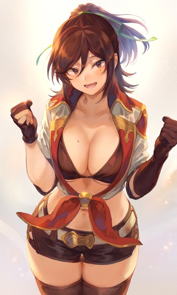 Anime picture 1482x2471 with guilt (game) mashuu (neko no oyashiro) single long hair tall image looking at viewer blush fringe breasts open mouth light erotic simple background hair between eyes brown hair large breasts standing brown eyes payot cleavage ponytail