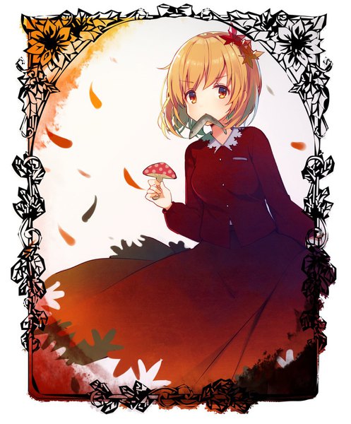 Anime picture 958x1156 with touhou aki shizuha koto seori single tall image short hair blonde hair holding yellow eyes mouth hold girl animal leaf (leaves) fish (fishes) maple leaf mushroom (mushrooms) fly agaric