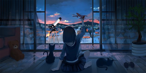 Anime picture 2479x1239 with original .l.l single highres short hair black hair wide image sitting indoors pleated skirt barefoot arm up from behind night night sky city evening sunset horizon cityscape