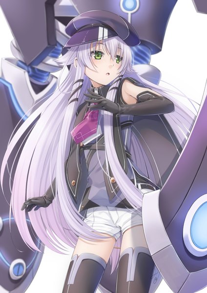 Anime picture 827x1169 with eiyuu densetsu altina orion miri (ago550421) single long hair tall image fringe open mouth simple background white background green eyes looking away white hair blurry :o sleeveless girl thighhighs gloves ribbon (ribbons)